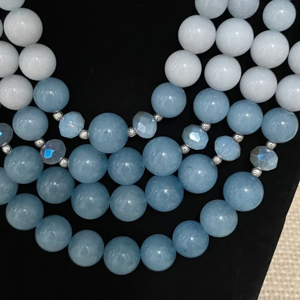 Chicos Multi Strand Beaded Necklace Blue White Faceted Accent Clasp Closure 16in